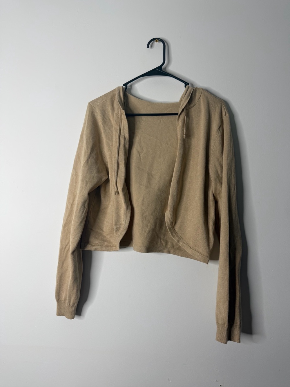 No Boundaries Cropped Hooded Knit Cardigan in Tan
